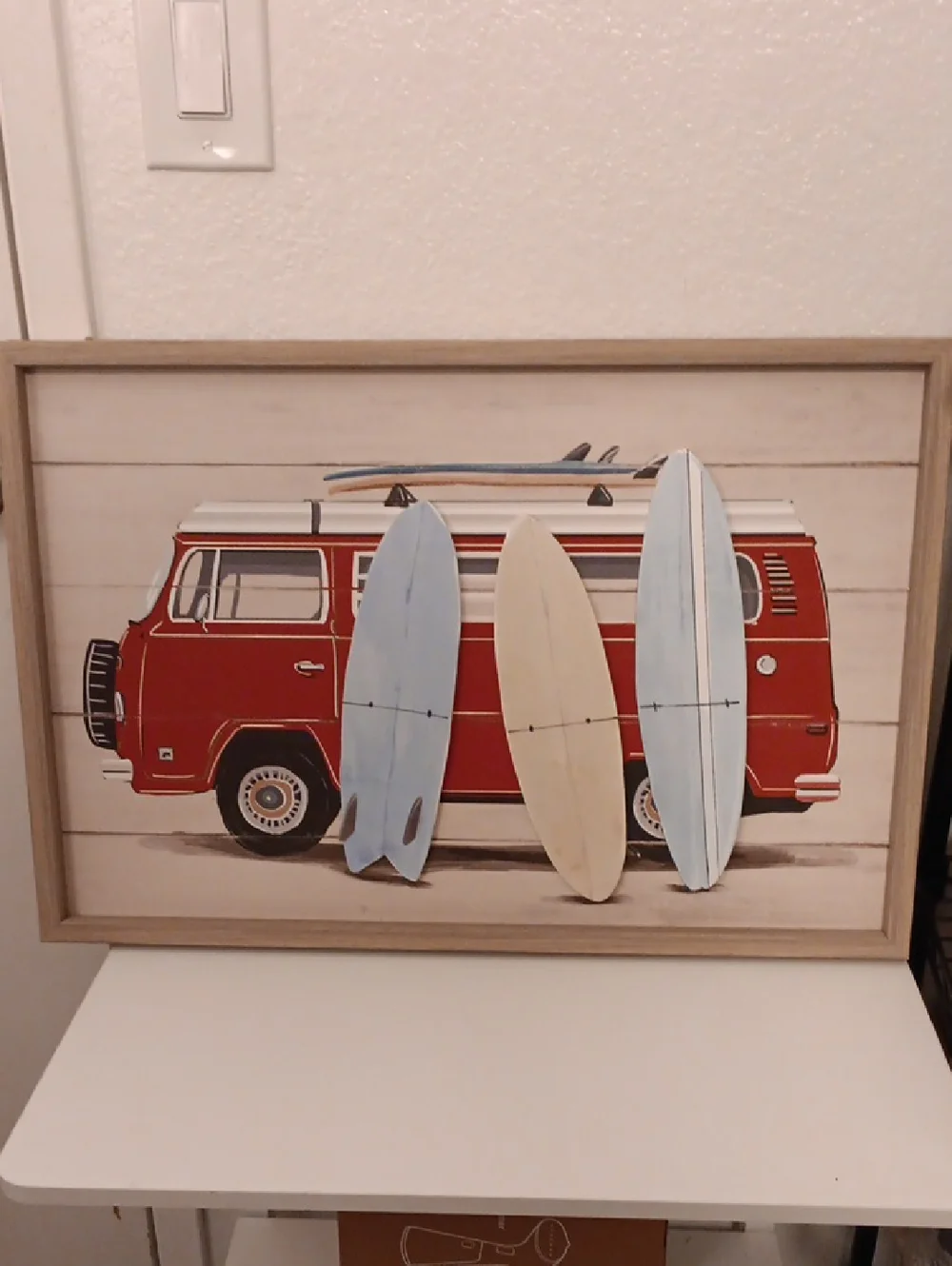 Red VW Camper Van Wall Art with Surfboards - Coastal Accent